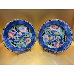 PTS International Interiors Fantasia Salad Plates Set of 2 Blue Floral Stoneware